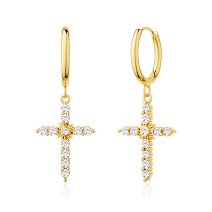 Gold Dangle Earrings for Women,Horseshoe Hoop Huggie Earrings with Heart Cubic Zirconia Hypoallergenic Lightweight Dangling Earrings Lucky Jewelry Gifts Perfect for Christmas,Birthday,Anniversary - style: Sun in Cross
