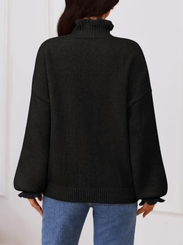 MEROKEETY Women's Fall Trendy Chunky Knit Cardigan Casual Ruffle Sweaters | Button Down, Long Sleeve, Cute Ruffle Collar, Mock Neck, Fashion Cozy Knit Sweater, Dressy Casual Winter Outerwear Clothes - color: Black, size: Small