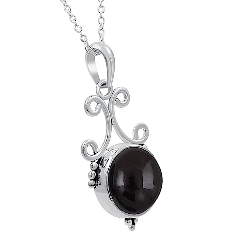 Natural Round Gemstone Pendant Necklace for Women, 925 Sterling Silver | Solitaire Birthstone Jewelry With 18 Inch Chain, Handmade Semi Precious Stone Pendant, Jewelry Gift for Mom, Wife & Sister - color: Black Onyx