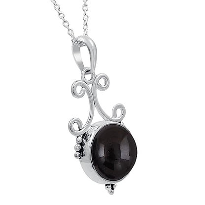 Natural Round Gemstone Pendant Necklace for Women, 925 Sterling Silver | Solitaire Birthstone Jewelry With 18 Inch Chain, Handmade Semi Precious Stone Pendant, Jewelry Gift for Mom, Wife & Sister - color: Black Onyx