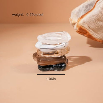 5Pcs Stacking Retro Brown and White Square Resin Knuckle Ring, Simple Chunky Black Acrylic Rings for Women Bohemia Dainty Party Prom Charm Jewelry Gift - color: White