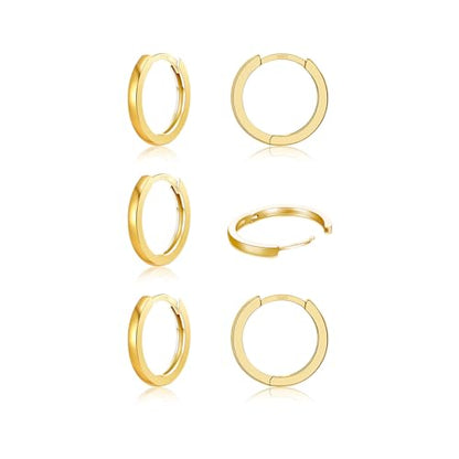 3 Pairs 925 Sterling Silver Small Huggie Hoop Earrings for Women Men | 14K White Gold Plated, Hypoallergenic, Small Silver Hoops - color: J-Gold 3Pairs 8mm