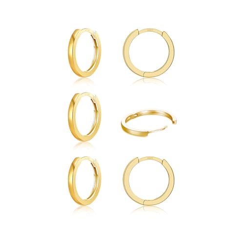 3 Pairs 925 Sterling Silver Small Huggie Hoop Earrings for Women Men | 14K White Gold Plated, Hypoallergenic, Small Silver Hoops - color: J-Gold 3Pairs 8mm
