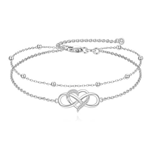 POPLYKE Frog/Pearl/Dragonfly/Ladybug/Highland Cow/Pearl/Moonstone Anklets Sterling Silver Double Layered Chain Beach Anklets for Women Foot Jewelry - style: heart infinity
