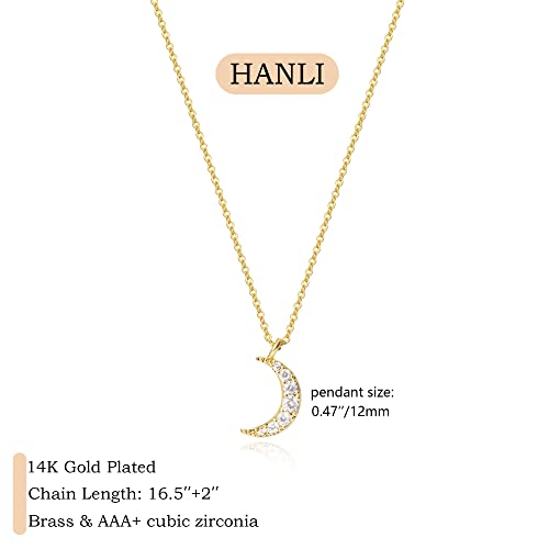HANLI 14K Gold Plated Necklaces for Women - Dainty Butterfly, Star of David, Moon and Star, Sun, Lotus, Infinity, Hummingbird, Bee,Boots,Chill,Sunflower Pendant Designs - Elegant Jewelry for Women - color: Moon CZ