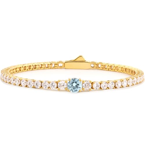 STORYJEWELLERY Birthstone Bracelets for Women, Tennis Bracelets for Women, Gold Plated Cubic Zirconia Bracelet, Lab-Grown Birthstone Jewelry - color: 03. March, size: Length 7"