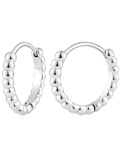 Fiusem 14K Gold Plated Huggie Hoop Earrings for Women | 8/10/12 Hypoallergenic Small Twisted beaded Huggie Earrings - color: Silver Bead, size: 12MM