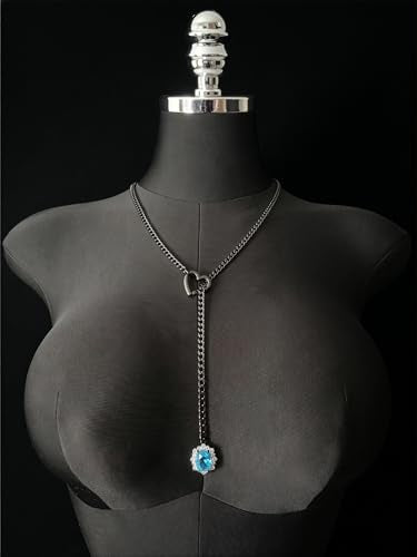 Women's Heart O-Ring Slip Chain Necklace, Double Layered Adjustable 39'' Cuban Chain with Detachable Heart Clasp and Colorful Rhinestone Pendant - color: 25'' Black-Ocean Blue