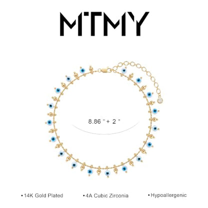 Gold Anklets for Women 14K Gold Plated Tiny Bead Anklet Colorful Tassel Foot Chain Dainty Adjustable Cute Summer Beach Boho Anklets Jewelry Gift - color: blue evil eye