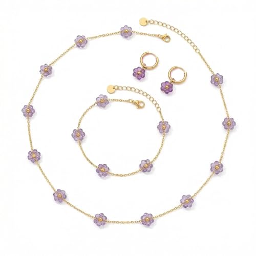 Daisy Pearl Jewelry Set for Women, 14K Gold Plated Stainless Steel Necklace Bracelet Earring 3 Piece Set, Dainty Pearl Choker Flower Necklace Birthday Gift for Her - color: Purple