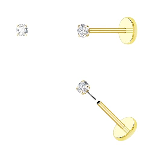 DAI JY 20G Threadless Flat Back Earrings hypoallergenic Titanium Small Stud Earrings Push-In CZ Nose Studs for Women Men Labret Cartilage Helix Conch Medusa Monroe Tragus Piercing Jewelry - color: Gold, size: 20g-2mm