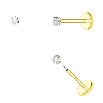 DAI JY 20G Threadless Flat Back Earrings hypoallergenic Titanium Small Stud Earrings Push-In CZ Nose Studs for Women Men Labret Cartilage Helix Conch Medusa Monroe Tragus Piercing Jewelry - color: Gold, size: 20g-2mm