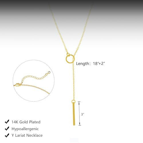 HERIER Lariat Gold Necklace for Women, Dainty Long Necklace 14k Gold Plated/Silver Y-Shaped Layered Beaded Chain Drop Necklaces for Women Trendy Simple Gold Jewelry for Women Gifts - color: Circle Bar Y Necklace-Gold