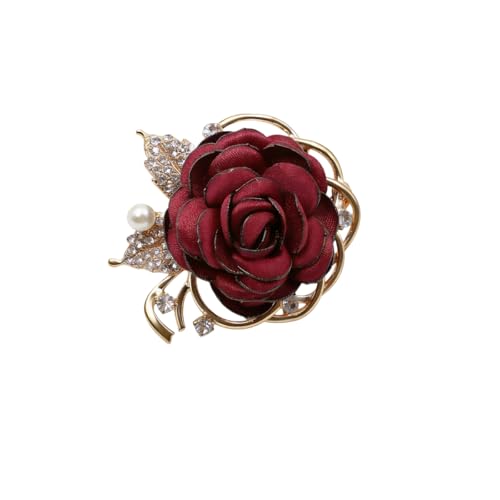 Rose Flower Brooch Pin for Women Elegant Vintage Brooch Pin Wedding Party Handmade Imitation Crystal Pearl Fabric Flower Lapel Pin Dress Suit Accessories - color: Burgundy