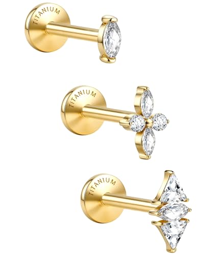 3 Pcs G23 Implant Grade Titanium Flat Back Earrings for Women Men | Hypoallergenic Internally Threaded 5A CZ Gold Flatback Stud, Tragus, Cartilage, Conch Piercing Jewelry for Sensitive Ears 18G - color: Gold 3