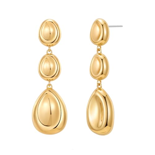 Gold Dangle Earrings for Women,Chunky 14K Gold Plated Drop Dangle Stud Earrings Long Statement Hammered Earring Hypoallergenic Jewelry for Women Gifts - style: Groove-GD