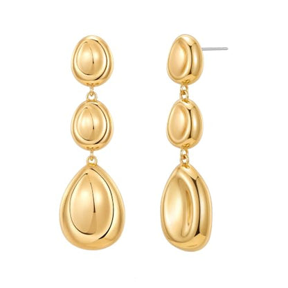 Gold Dangle Earrings for Women,Chunky 14K Gold Plated Drop Dangle Stud Earrings Long Statement Hammered Earring Hypoallergenic Jewelry for Women Gifts - style: Groove-GD