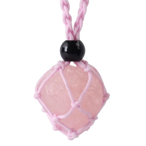 Handwoven Natural Gemstone Crystal Cage Pendant Necklace, Crystal Necklaces for Women Stone Holder Necklace Cord - color: Rose Quartz