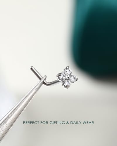 COCHARM Minimalist Titanium Nose Stud, 20g L Shape Flower Nose Ring Stud Cute G23 Titanium Surgical Steel Silver Nostril Piercing with Clear CZ Hypoallergenic - style: FourCZ-Silver