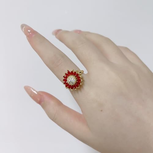 Sunflower Fidget Ring for Women Gold Anxiety Crystal Rings Cubic Zirconia Sunflower Open Adjustable Fidget Ring Spinner Sun Ring for Men Trendy Jewelry - color: Red