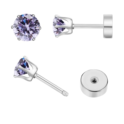 Birthstone Stud Earrings | Hypoallergenic, Brilliant Cut Round Cubic Zirconia, Flat Back, Surgical Steel, For Sensitive Ears - style: June Violet