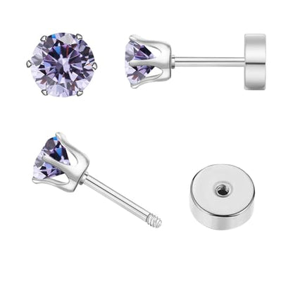 Birthstone Stud Earrings | Hypoallergenic, Brilliant Cut Round Cubic Zirconia, Flat Back, Surgical Steel, For Sensitive Ears - style: June Violet