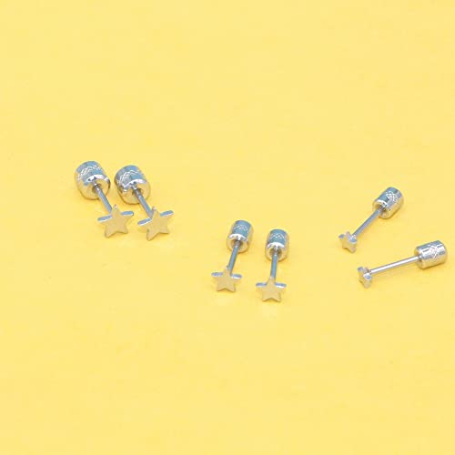 Screw on Earring Backs for Women,Hypoallergenic Surgical Steel Stud Earrings Ball Star Circle Simple Geometric Cartilage Helix Flat Back Piercing Earrings - color: 3pairs,Silver,Star(3-5mm)