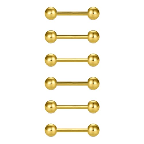 VCMART 12mm-18mm 14G Tongue Rings Nipple Straight Barbells Surgical Steel Body Piercing Jewelry - style: Style D -6pcs, gold