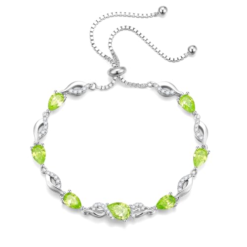 FANCIME Birthstone Teardrop Tennis Bracelet for Women, Sterling Silver 9x7mm main Gemstone Bolo Adjustable Chain Bracelet Fine Jewelry Birthday Gifts for Women Mom Wife Her - color: 08-Peridot