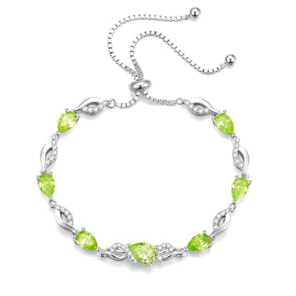 FANCIME Birthstone Teardrop Tennis Bracelet for Women, Sterling Silver 9x7mm main Gemstone Bolo Adjustable Chain Bracelet Fine Jewelry Birthday Gifts for Women Mom Wife Her - color: 08-Peridot