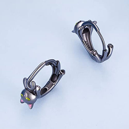 925 Sterling Silver Earrings Hypoallergenic Huggie Earring for Women - color: Black Cat