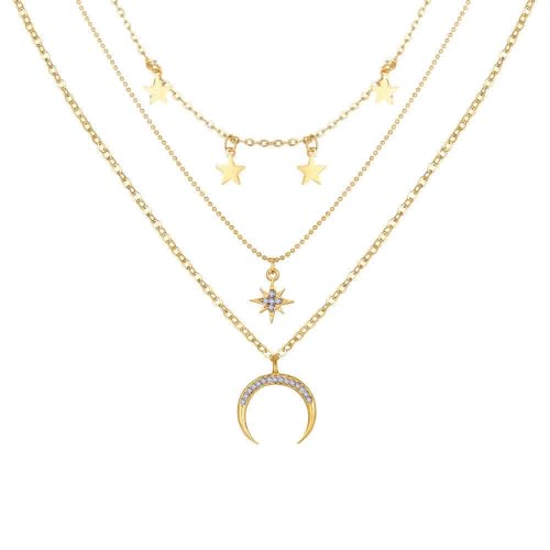 3 Layer Star Moon Pendant Necklace for Women, Gold Layered Crescent Moon Choker, Dainty Y2K Stackable Jewelry