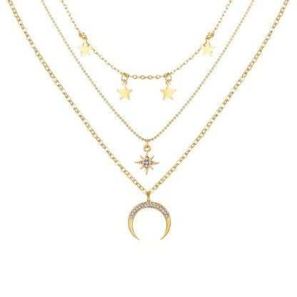 3 Layer Star Moon Pendant Necklace for Women, Gold Layered Crescent Moon Choker, Dainty Y2K Stackable Jewelry