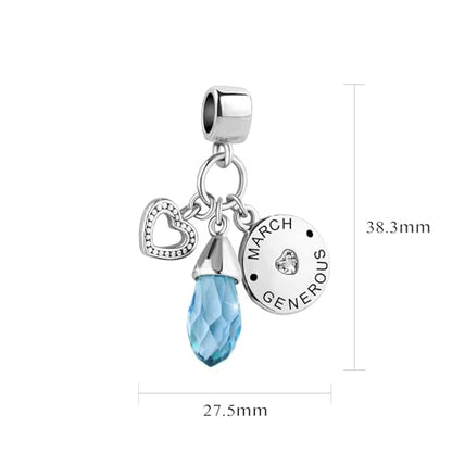 Women Charm for Bracelets Love Heart Dangle Silver Clear CZ Beads Birthstone Bracelet Charms for Daughter Women Wife, Blue Pink Clear - style: MARCH