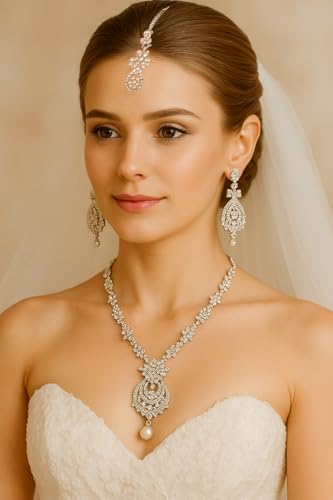 Touchstone Indian jewelry sets for women maang tikka wedding guest gold necklace bollywood jewellery set pageant elegant prom bride accessories western crystal chunky rhinestone necklaces - color: 7 Clear white in white plating