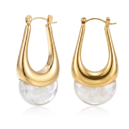18K Gold Dangle Earrings for Women Vintage Acrylic Resin Earring | Trendy Chunky Hollow Hoop Earrings, Lightweight Drop Hoops Jewelry for Sensitive Ears, Stocking Stuffer Gift for Wife - color: White