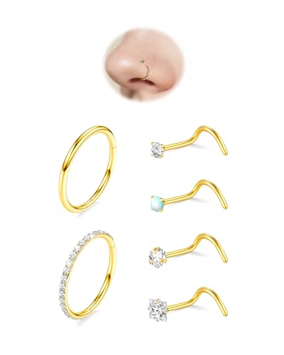 davka Nose Ring Set, 18G Hinged Hoop 8mm & 20G Nose Studs, Stainless Steel & Gold Plated, Hypoallergenic, Multiple Styles Nose Piercing Jewelry - color: Gold/CZ hoop/18g 8mm hoops/Corkscrew studs