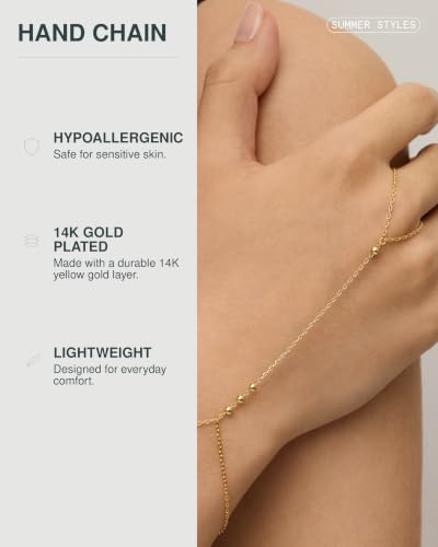 PAVOI Hand Chain Bracelet for Women, 14K Gold Plated Adjustable Ring Chain | Hand Chain Bracelet, Ring Bracelet Hand Chain, Arm & Body Jewelry - style: Beads