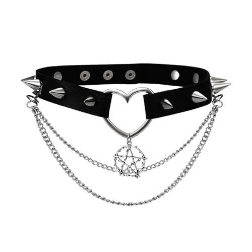 OIDEA Heart-Shaped Leather Choker for Women: Black Punk Gothic Spike Choker Collar with Five-Pointed Star Pendant Adjustable Chain Necklace Jewelry Gifts