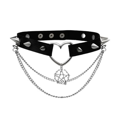 OIDEA Heart-Shaped Leather Choker for Women: Black Punk Gothic Spike Choker Collar with Five-Pointed Star Pendant Adjustable Chain Necklace Jewelry Gifts