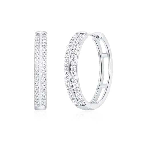 RANKEEF Small Rhinestone Hoop Earrings 925 Silver Everyday Cartilage Hoops Hypoallergenic Dainty 14K Gold Plated Huggie Sparkle Double Row Cubic Zirconia Hoop Earrings 10/15/20/25mm - color: Silver, size: 20mm