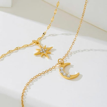 2 Pieces Celestial Layered Necklace Set, Gold-Plated Star and Moon Pendants with Crystal Accents, Dainty Chain