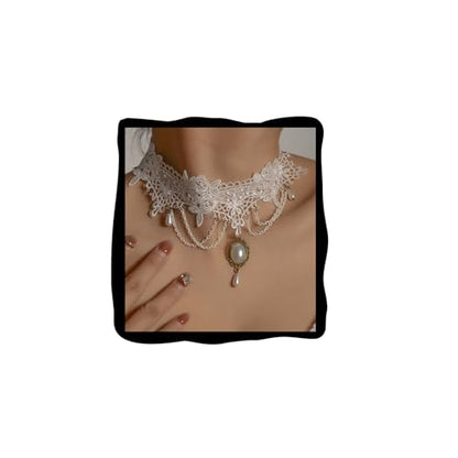 Lace Choker Necklace for Women Tassel Pendant Choker Necklaces Elegant Boho Collar Necklaces Statement Artistic Chain Necklace with Pearl Halloween Party Cosplay Costume Jewelry - color: White Lace-2
