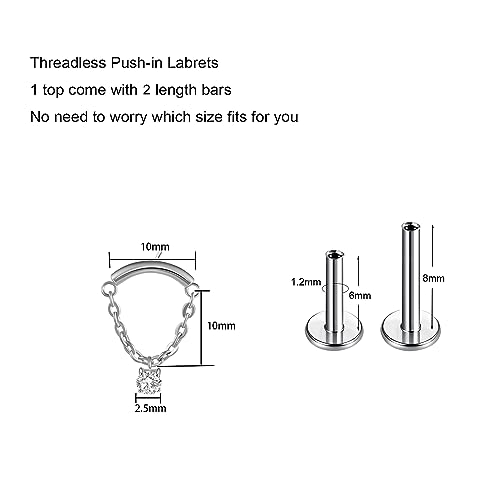 BelezaDosas G23 Titanium Labret Studs Threadless Push-in Labret Press Fit 16G Cluster Helix Lobe Conch Tragus Push Back Piercing Jewelry - style: silver chain CZ