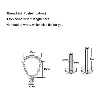 BelezaDosas G23 Titanium Labret Studs Threadless Push-in Labret Press Fit 16G Cluster Helix Lobe Conch Tragus Push Back Piercing Jewelry - style: silver chain CZ