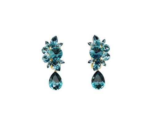 Faship Statement Dangling Floral Clip On Earrings For Women - color: Teal / 14K gold plated
