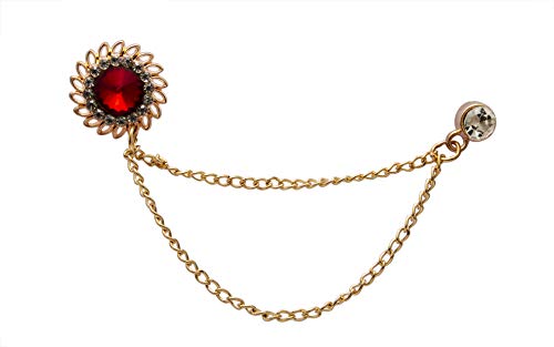 Knighthood Brooch Pin Red Stone with Crystal Engraving and Hanging Chain Brooch Suit Stud Lapel Pin