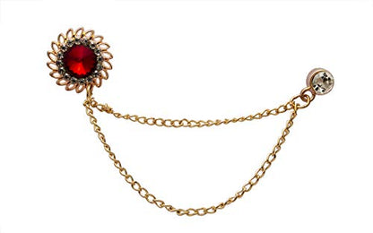 Knighthood Brooch Pin Red Stone with Crystal Engraving and Hanging Chain Brooch Suit Stud Lapel Pin
