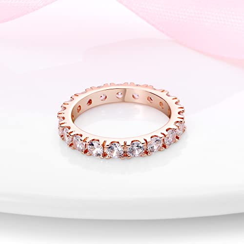 KUNSIR 925 Silver Cubic Zirconia Ring Size 7-9 Wedding Band Sterling Silver Eternity Ring Modern Style - style: Rose Gold Clear Zircon Ring