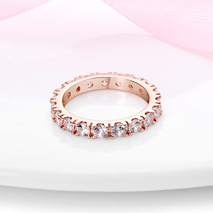 KUNSIR 925 Silver Cubic Zirconia Ring Size 7-9 Wedding Band Sterling Silver Eternity Ring Modern Style - style: Rose Gold Clear Zircon Ring
